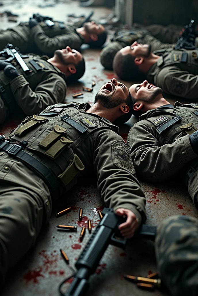 Group of Serbian special forces lying on thr floor dead