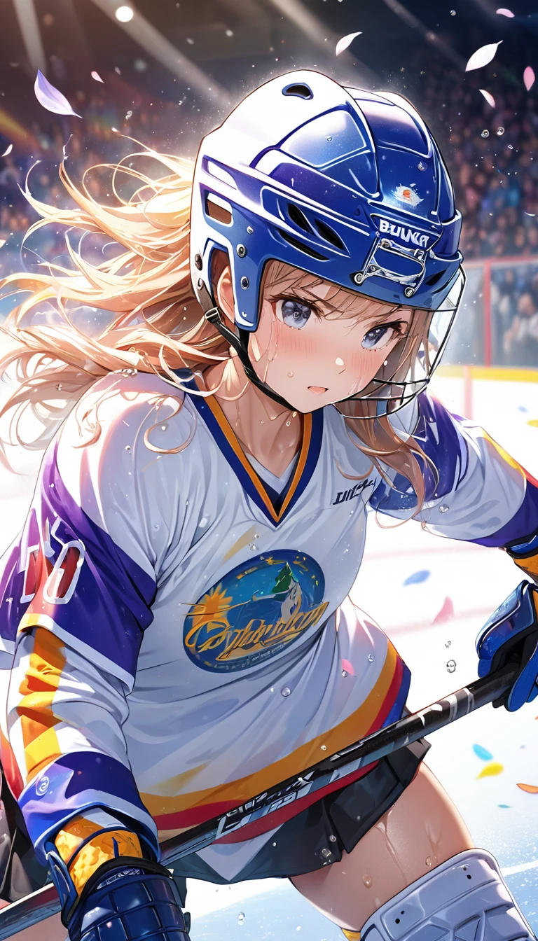 (Sports magazine cover photo), Highest quality, Great quality, 16K, Unbelievably absurd, Very detailed, delicate and dynamic, Natural light, The particles reflect light, Diffuse reflection of light, Many rainbow-colored petals fall, Beautiful hall, Sparkling Sun, Diffuse reflection of light, Create amazing image effects, Hockey girl, Wet, sweating, Ice hockey, Holding hockey stick, Close-up(Cute sexy girl, big bouncing busts, Sensual expression, Cool girl, Serious, passion, Dynamic, Flashy hockey uniform, ,ice hockey helmet, Face guard, audience ,much-air-laden cheer)