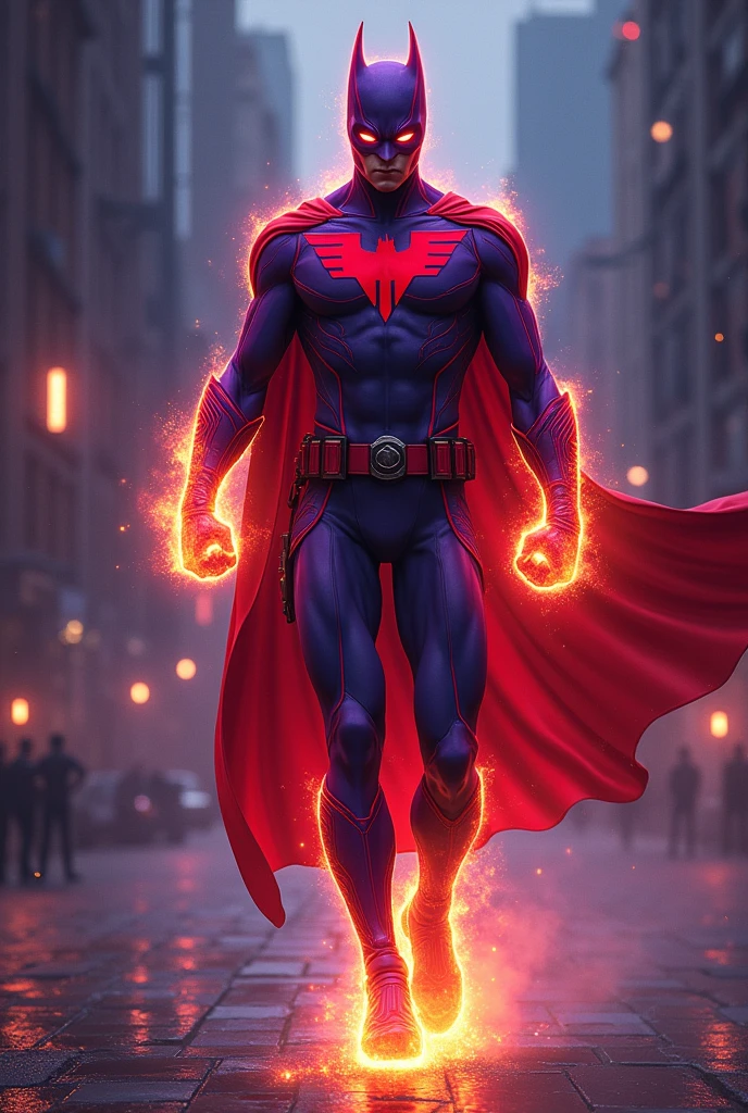 Create a superhero with socialist origins but who adheres to the colors purple and red and fire powers and characteristics of Nightwing without a cape
