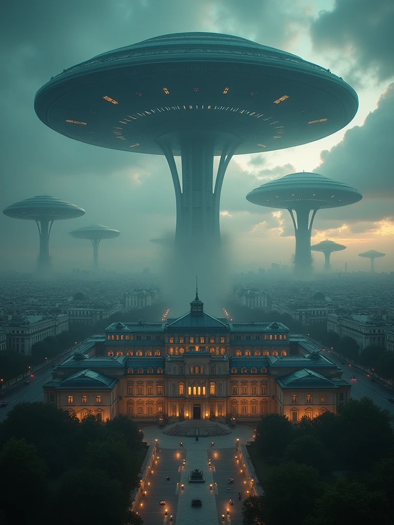 Elysee Palace attacked by UFOs, make the scene epic, Cinematic lighting, ultra-detailed textures, TRUE, with dark colors.