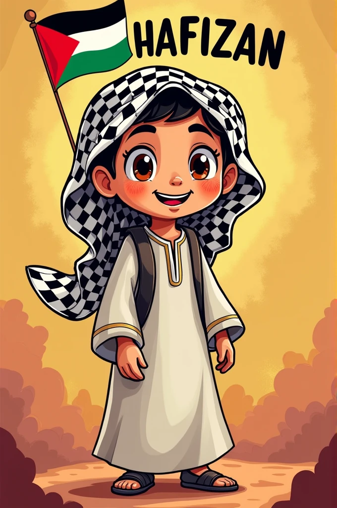 A poster with Hafizan&#39;s name written on it. A cartoon boy with a Palestinian flag 