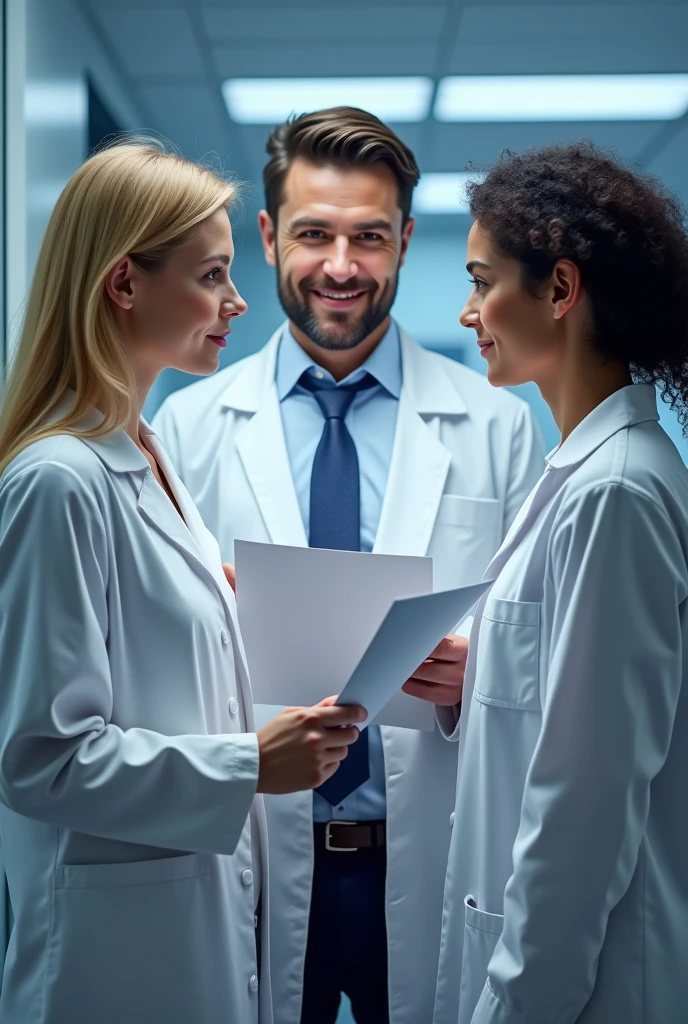 Three people are in the lab, they are wearing lab coats. One of them is mid 50s woman, blonde mid size hair and she is the auditor, holding some documents. One auditee is at early 30s man handsome with dark hair, beard and blue eyes, other auditte is middle 30s woman with dark curly hair, hair not binded, from Turkey. All three's faces are visible.