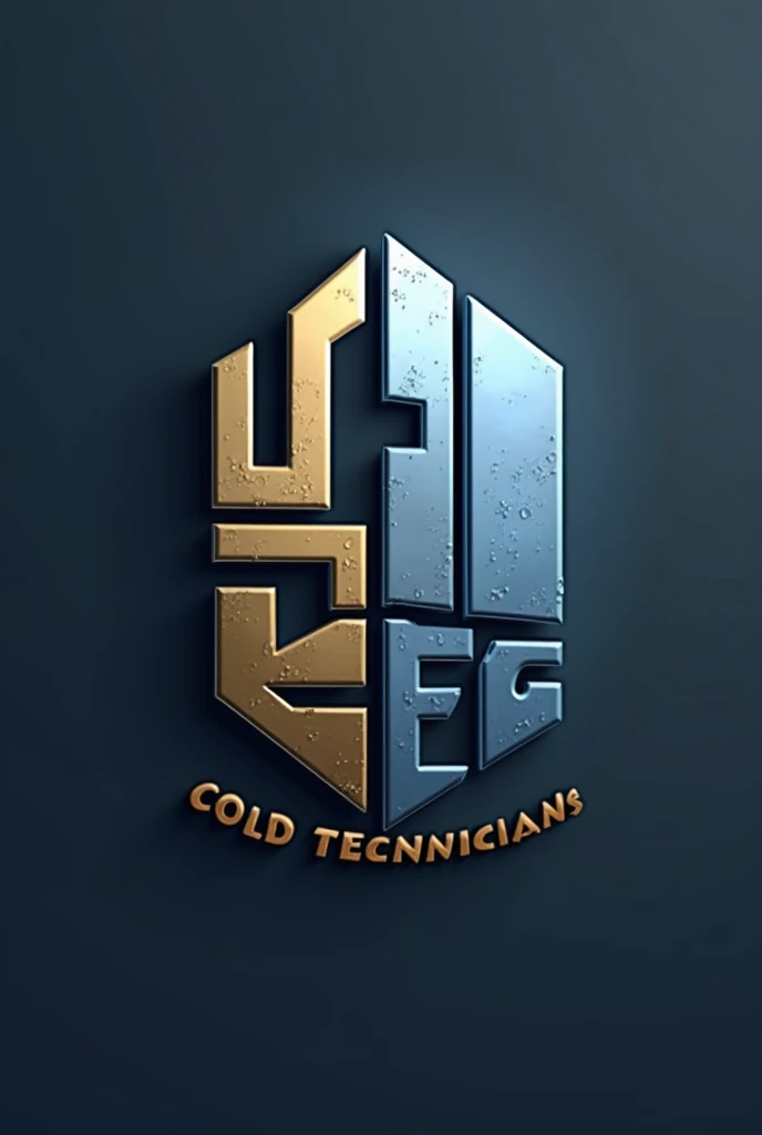 Logo with the silhouette of a refrigerator with a style of strong lines with the name of frio tec and the slogan cold technicians using silver blue and gold colors 