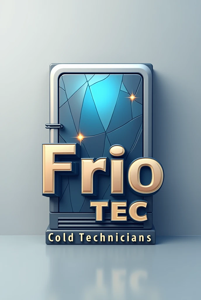 Logo with the silhouette of a refrigerator with a style of strong lines with the name of frio tec and the slogan cold technicians using silver blue and gold colors