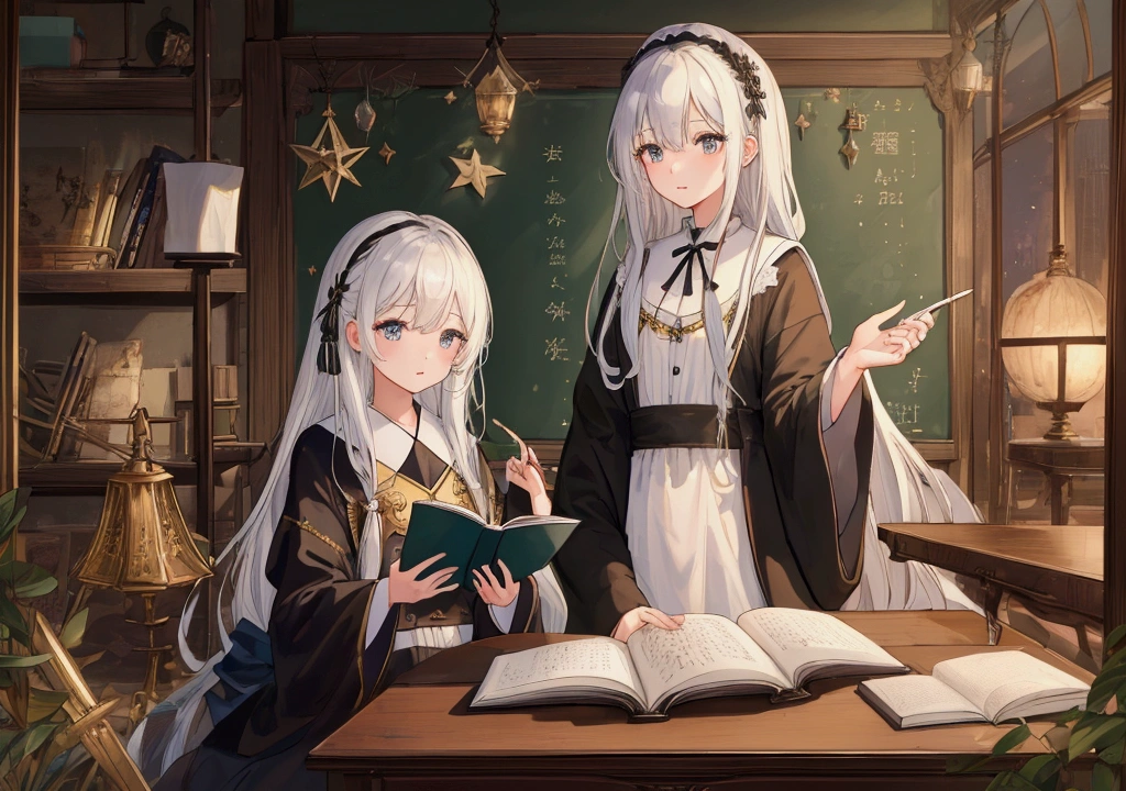 ((Highest quality)), ((masterpiece)), (detailed), One person is on the far right of the image,A freestanding blackboard in the center、 Long white hair、pajamas、Picture book reading、In the background there is a bookshelf and a starry sky、Fantasy、Fantasy、Healing、relax