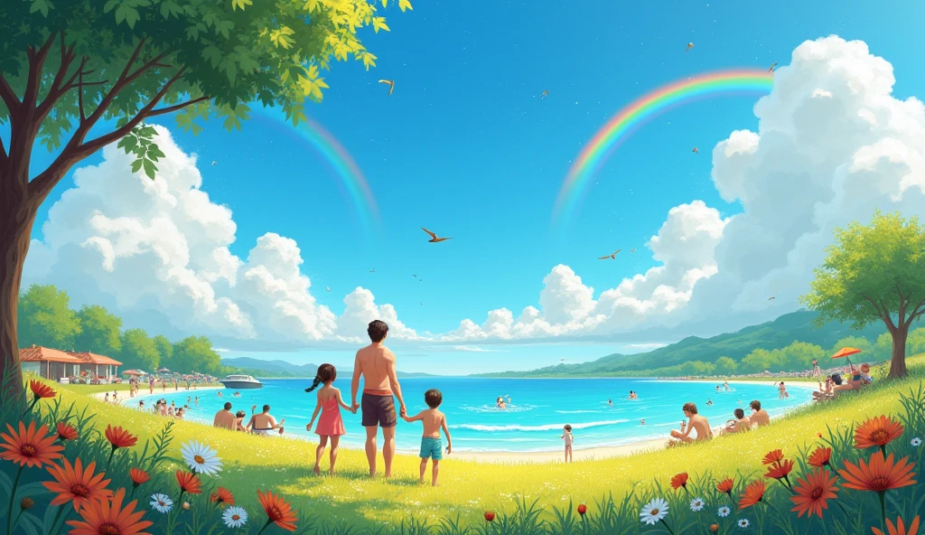 In summer, the sun rises every day. The weather is very hot. We will see blue skies and white clouds. The air is very fresh and the wind is cool. But sometimes it rains./Yes, Auntie.: After the rain, the air becomes fresher. Sometimes we can even see rainbows./Yes, rainbows are very beautiful. They have many bright colors. Every time we see a rainbow, we feel happy because it is a symbol of good luck.: Summer is very hot. We like to go swimming, drink cold water and eat ice cream. This will make us feel cooler./Yes, also, the summer nights are very beautiful. We can see many stars in the sky, Auntie.: yes/Yes, summer nights are quiet and the wind is cool. We can take a walk with our family and talk. Sometimes we will have dinner outside to enjoy the cool evening.: Although the summer weather is hot, there are many fun things to do. We can go to the park or play on the beach with our friends. At night, we can also watch the stars, talk, and experience the beauty of summer with our family. Summer is a season that really makes people happy.