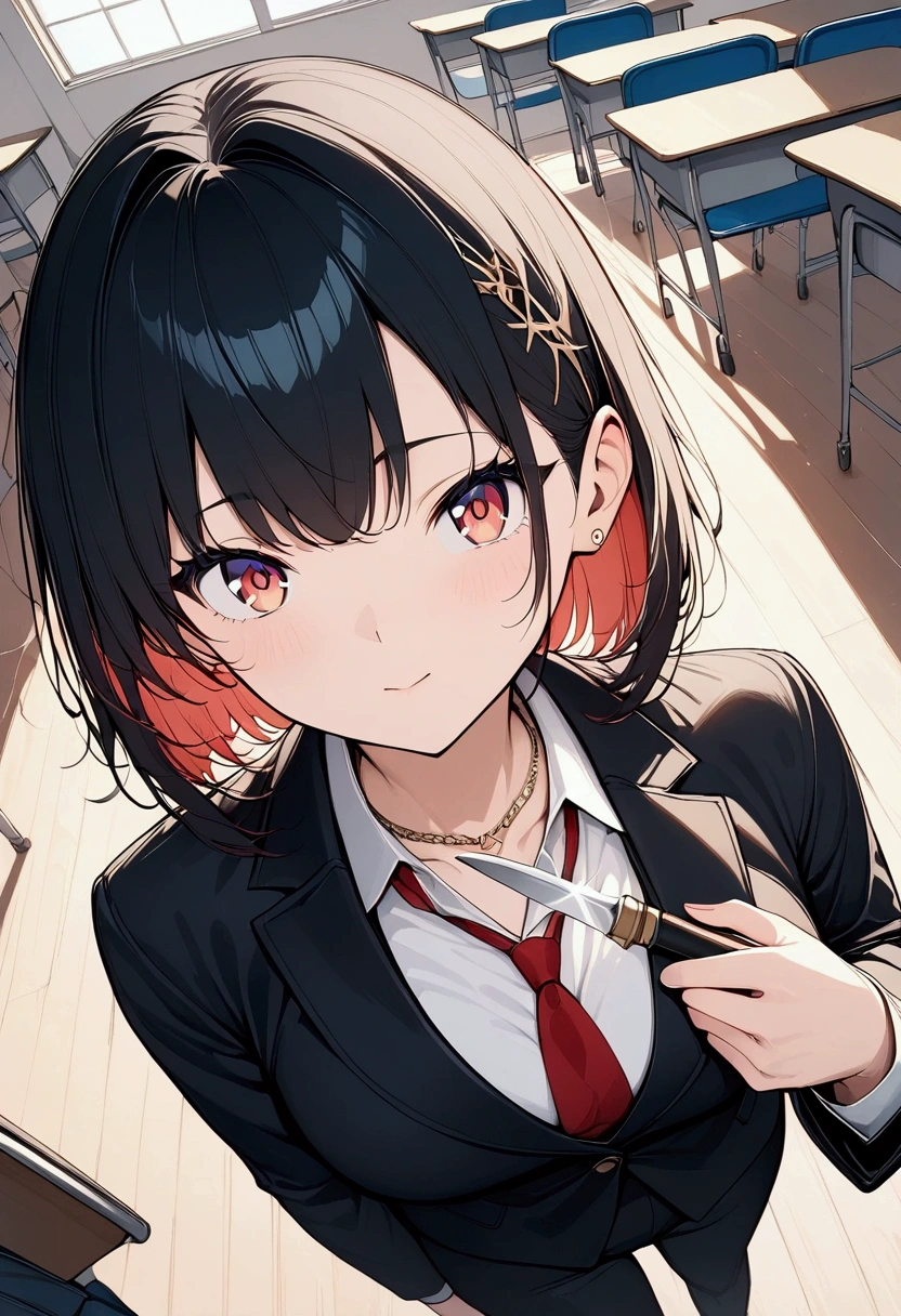 (((anime))) One woman,Holding a knife,In one hand,Point the blade towards me,Gal,Short Hair,long hair,(Blackの髪),Mouth hides,necklace,Glare,Top view,Red eyes,Big eyes, black blazer,Red tie,Black trousers,Black,classroom,sunlight,masterpiece,Highest quality,Exquisite,8k,Absurd,Ultra-fine illustrations,(View your audience)