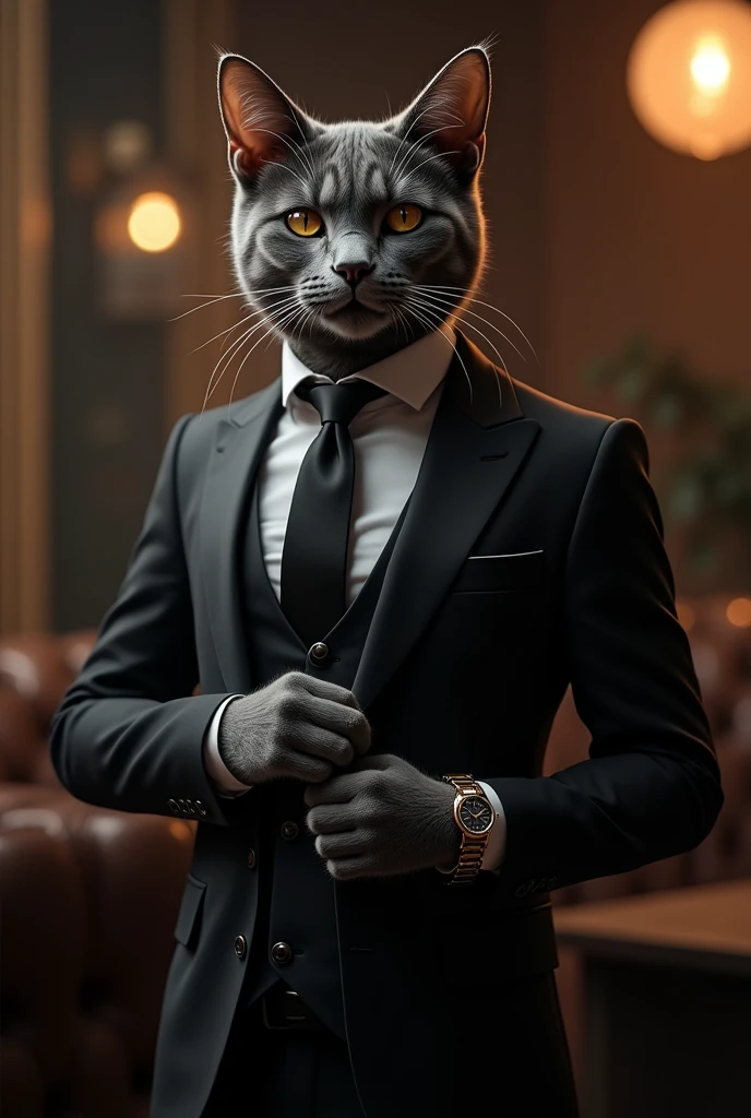 Create a glamorous cat dressed in a black suit with a watch on his hands