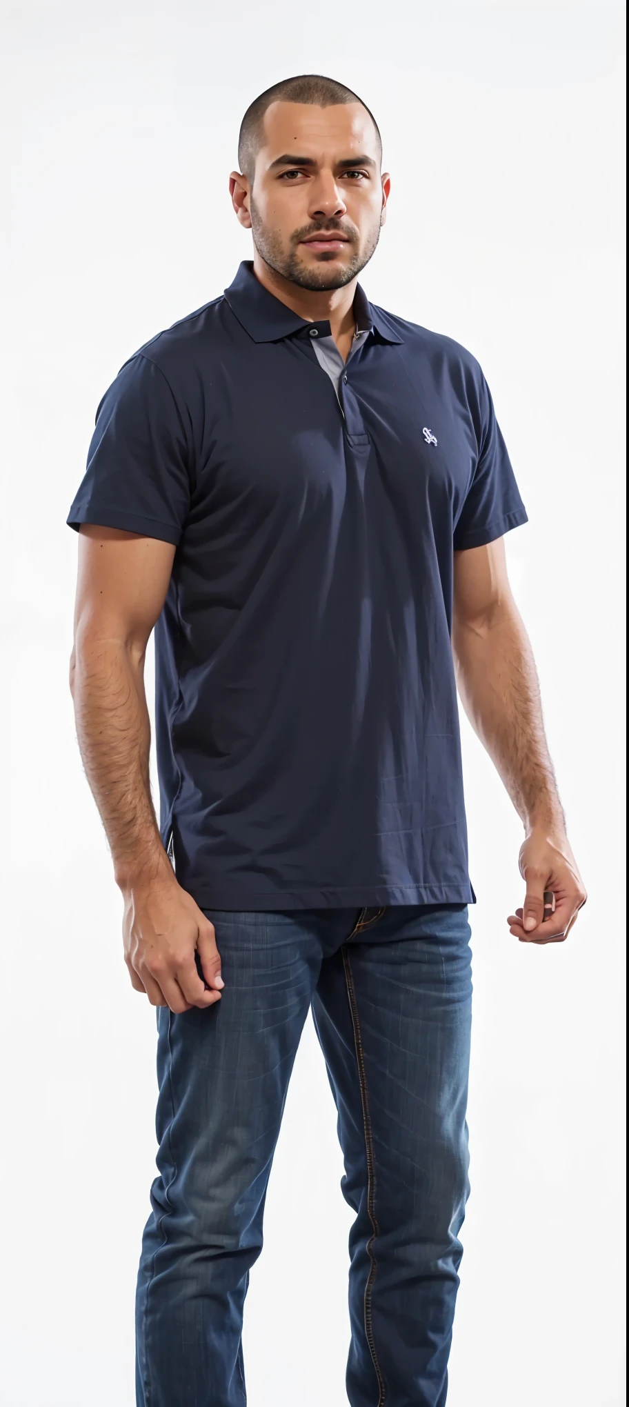 Man in blue shirt and jeans standing with his hands in his pockets, wearing a dark blue polo shirt, wearing polo shirt, manga curta, navy blue shirt, dark blue shirt, wearing a tshirt, casual modern clothing, in a dark teal polo shirt, official product image, 4 0 9 6, casual modern clothes