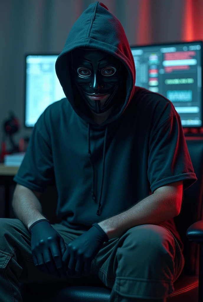 A hacker which has a pc wearing hacker mask and his hands are covered with black glouse he is wearing loose cargo and oversized t-shirt it should be written as the_furqaan