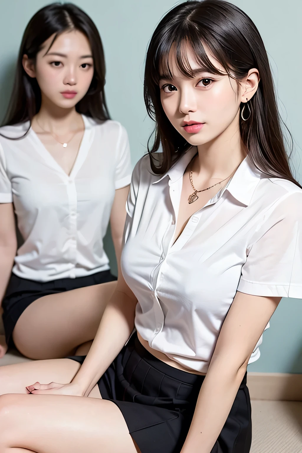 (High resolution、8k:1.3)、masterpiece、(Ultra-realistic as a photo:1.3)、、sexly、Very nice finish、Slender figure、Sharp focus, Ultra High Resolution Face、Highest quality、The face is in focus、Ultra high definition and beautiful eyes、Eyes are symmetrical、High quality and beautiful skin、Firm Skin、Japanese, thin、very cute、、(white short sleeve shirt、Pleated skirt、Ultra mini skirt), Sitting、sexly、Earrings、necklace、Light blue wall、Natural Makeup, (blush:1.3), (Embarrassing:1.3)、(View your audience:1.3),Messy Hair、Red tie、White collared short sleeve shirt、Sitting on a chair、sexly、