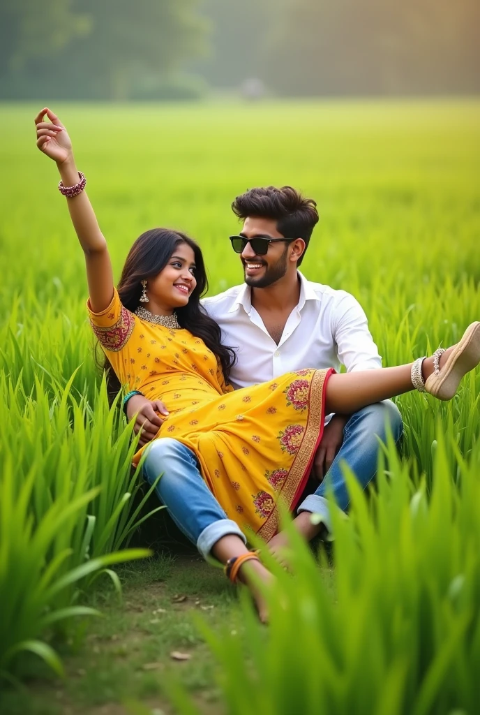 Cute indian boy is the girl front chest of a 16 year indian old girl from both wearing sunglasses, are playfully in a plants fiel paddy plants. The women, dressed in a vibrant yellow dress with intricate patterns, is lying on the man's lap while joyfully kicking one leg in the air, the wearing a white shirt and casually cuffed jeans, is smilling down at her as she holds her leg. The background reveals an expamsive field under plants fields, 34k ultra quality hd image