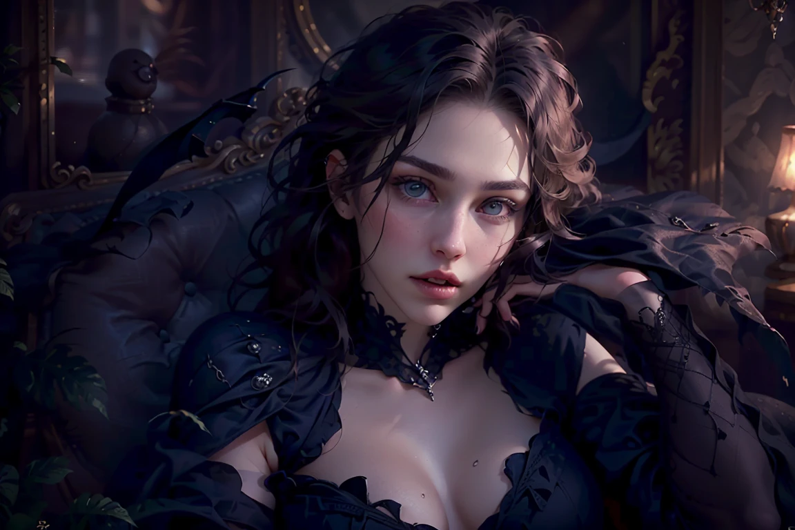 best quality, face focus, soft light, ultra high res, (photorealistic:1.4), RAW photo, realistic gothic digital art portrait, ((masterpiece)), ((best quality)), (portrait of beautiful girl), perfect detailed eyes, perfect detailed face, ultra-detailed nose, dark brown hair, hair flaps, (crazy eyes), turn pale, yandere, fang:1.2, (fang out), depth of field, cinematic lighting, vampire, noble, luxury navy dress, silk dress, Lying on a leather sofa
