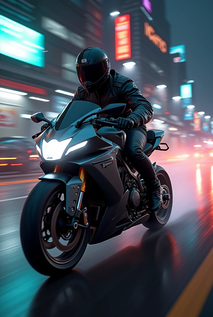 Create an image of a motorcycle courier with black clothes and in the background of the image DFLASH