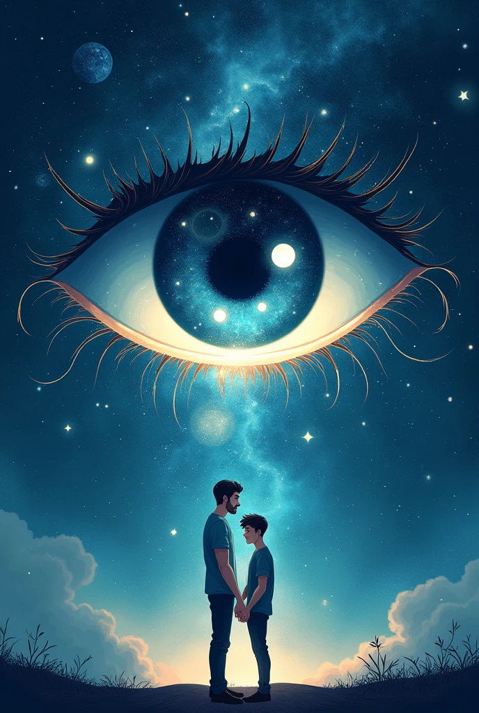 Create me a good book cover like the background is a some sort of the universe and in between or in any part, there is a big mysterious eye, and inside that eye, there is the symbol Yin Yang, and create a two men holding hands, and show that they are really In love Make it fantasy vibes and make it simple but artistic , emphasize the yinyang on the eye. Make it more cartoonish