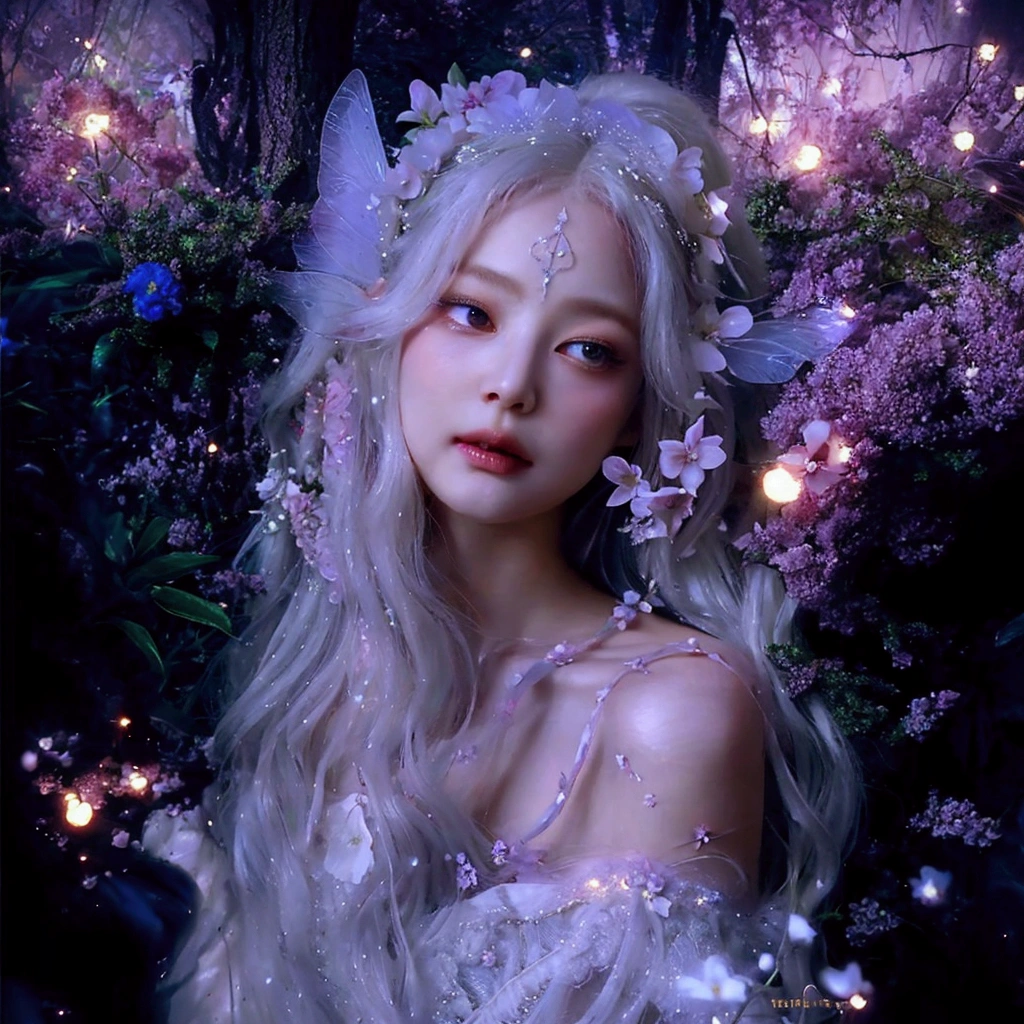 a close up of a woman with long white hair and flowers in her hair, ethereal beauty, ethereal fairytale, ethereal fantasy, fairy aesthetics, fantasy aesthetic!, fairycore, ethereal!!! ultra realistic, portrait of a fairy, ethereal hair, fantasy art style, very magical and dreamy, fantasy aesthetic, beautiful fantasy portrait, beautiful fantasy art portrait, with white long hair