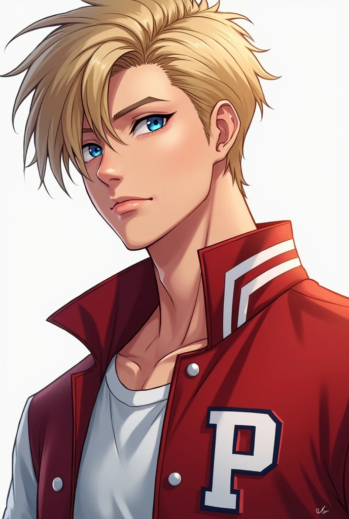 He is a teenager with an athletic male body, straight blond hair and a haircut swept to the side, which is a great charm for women., piercing gaze and the color of his blue eyes picina, and with impeccable posture and wears a uniform with red and white on the team jacket and an acronym of the school name is the letter P for team like the United States, but he likes to run after those who don't want him!. Show me in a more realistic way and in human form. With a half chad face.
