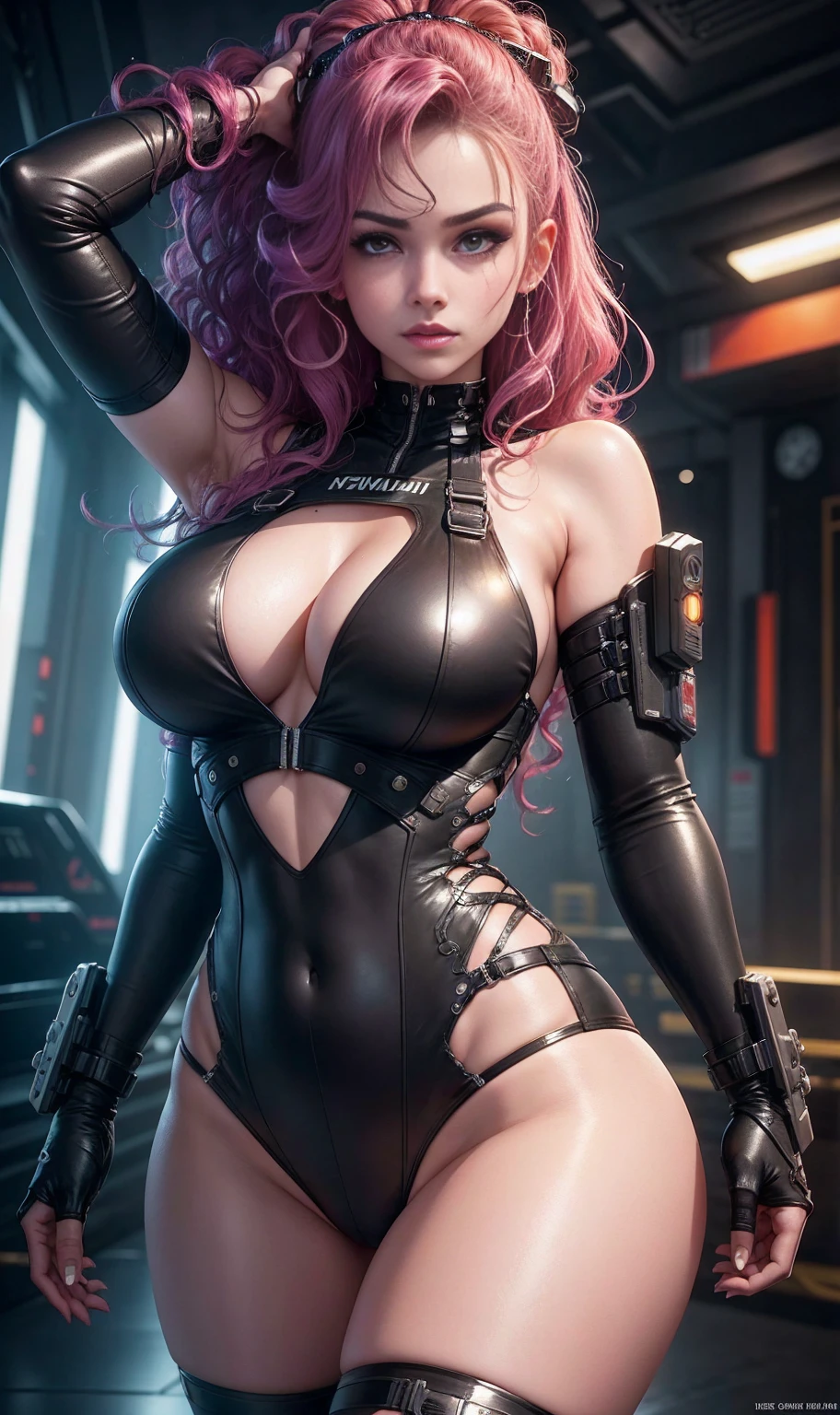 Wavy hair, curly hair, cyberpunk, LINGERIE cyberpunk, a sexy girl, latin face, Space Age, Wavy hair, whole body, very detailded body, very detailded face, shining skin, detailded_eyebrows, comely_eyeballs, realisic skin, ultra-realistic, sharp and highly detailded focus, 8k, SEMINUA, BODY DE FIOS, LOW-CUT BODYSUIT, black thong, BIG BREASTS 