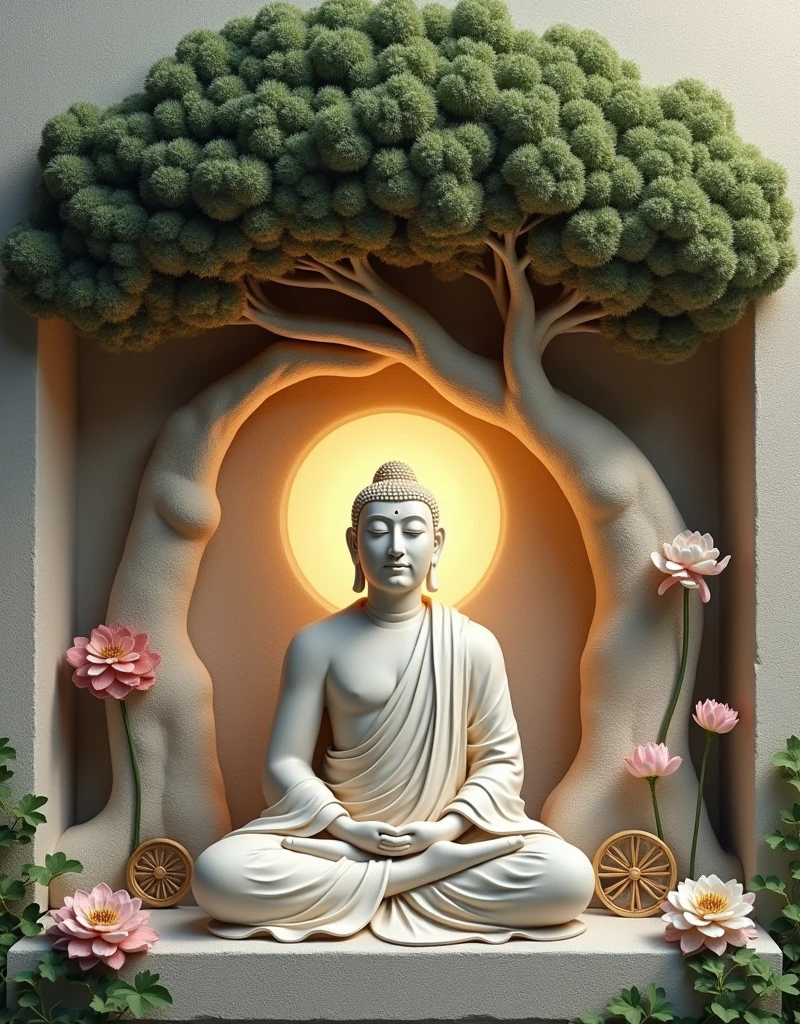 A serene, serene, and meditative scene depicting a historical figure seated underneath a Bodhi tree. This figure is instantly recognizable as an advocate for knowledge, mindfulness, and peace. They are depicted in a simple robe, their eyes closed in deep meditation, a light aura surrounding them, suggesting a state of enlightenment. The tree overhead is lush and full, symbolizing fortitude and resilience. Around them, various symbols of Buddhism such as the Dharma wheel and lotus flowers. Please ensure the finish is in the style of Gandhara Art, endemic to Northern India and Pakistan around 1st Century BC to 7th Century AD.