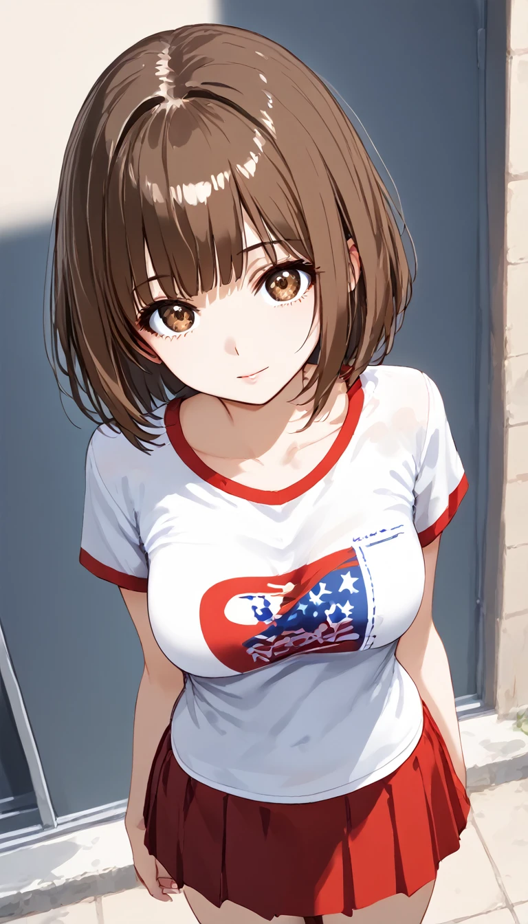 Highest quality,Ultra-high quality,Scale up,breast enhancement,woman,Loungewear,T-Shirts,skirt,Brown eyes,Bob Hair,Dark brown hair,Big Tits,Above the ground,Are standing,living