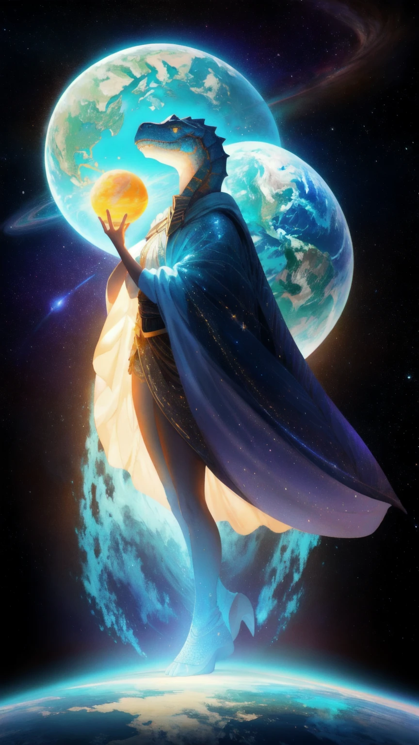 Create an epic, surreal cosmic scene featuring a colossal, glowing dinosaur emerging from the universe, its scales shimmering with vibrant, galactic colors. Replace the dinosaur with a powerful, ethereal girl figure, maintaining the cosmic energy and vibrant colors. The background should consist of a star-filled sky, distant planets, and a serene, brown-toned mountainous landscape surrounding a reflective lake. The earth should be cradled gently in the girl's hands, symbolizing her as an 'OG Crypto Dinosaur,' with the entire scene enveloped in a rich, brown hue.