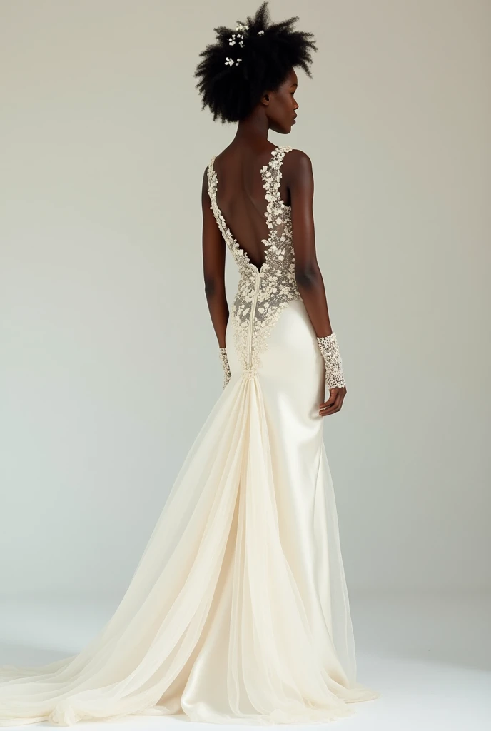 The body of the dress is ivory silk.
Create an Ivory Silk wedding dress cut on bias in a column style. It has a plunging neckline with beaded mesh tulle on the bodice area going up to tie around the nape of the neck in a 3D flower. The back is bare up to the waist. There is a small train. The train is inserted under the silk dress and it is the same fabric as the beaded mesh tulle on the bodice. The gloves are also the same fabric as the beaded tulle in a lightweight mesh. The woman wearing the dress is black, dark skin, 5’3, but with slight curves. Her hair is in a coily Afro and she has a flower crown made of baby’s breath
