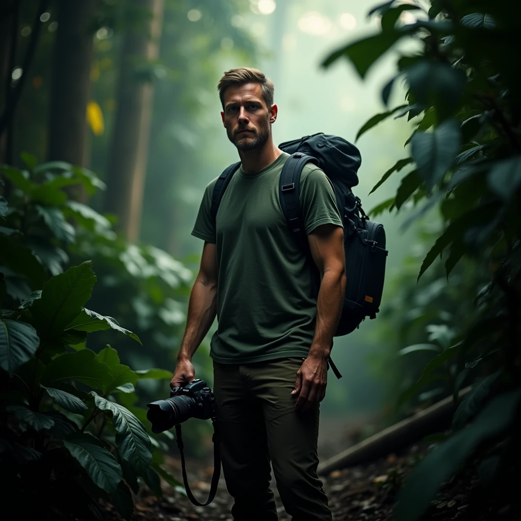 A full body, cinematic portrait of a Americian-looking man with short hair wearing boots. He is 170 cm tall and weighs 70 kg. He is wearing a dark green t shirt and a North Face backpack, standing in a rainforest with a Nikon DSLR camera. He is an outdoor photographer. The background has subtle light, creating a magical rainforest scene. The man is standing corner in the rainforest, creating a mystical rainforest atmosphere. He is a professional photographer doing an advertising shoot. His face is looking at the camera, and the portrait is taken from the front. The image should be realistic.