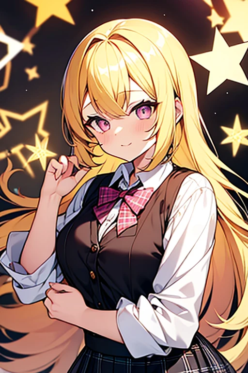Cute yellow haired girl with pink eyes with a star, wearing a formal blouse and plaid skirt
