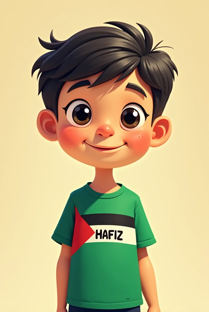 A poster with Hafiz&#39;s name written on the shirt. A cartoon of a cute boy in a green shirt with a Palestinian flag 