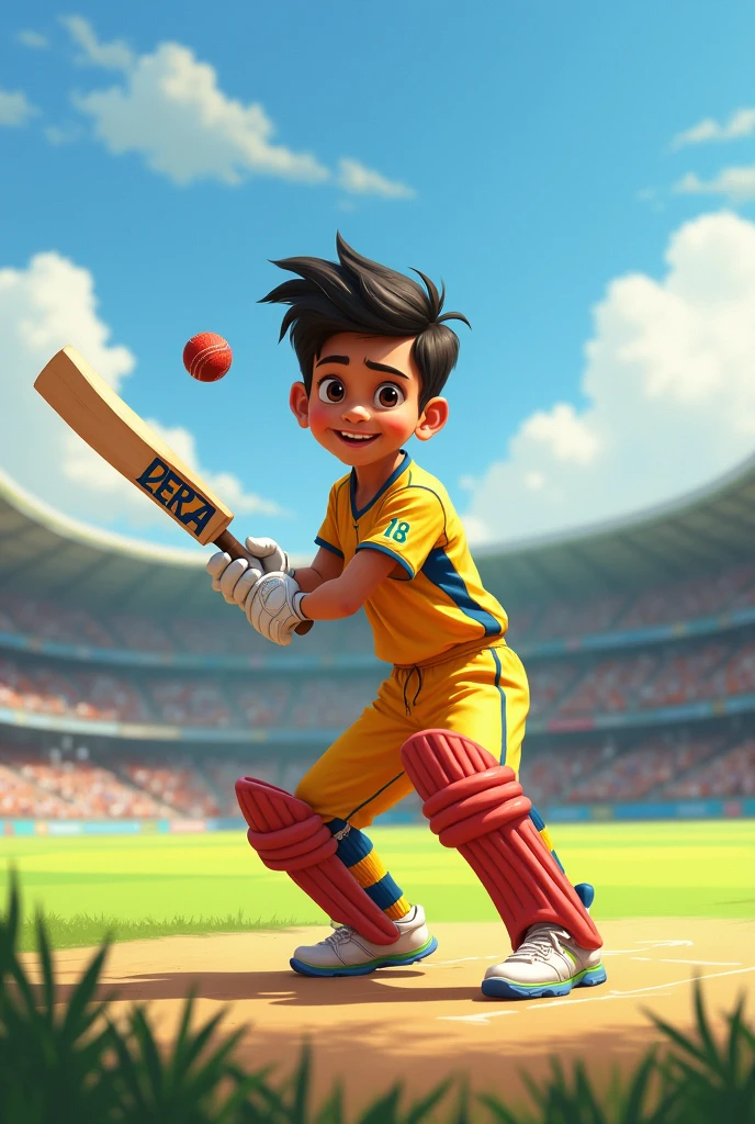 A boy playing cricket wearing 18 number jersy with gagan name