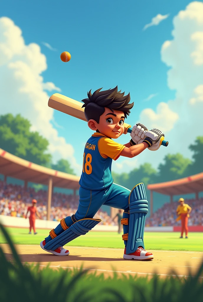 A boy playing cricket wearing 18 number jersy with gagan name
