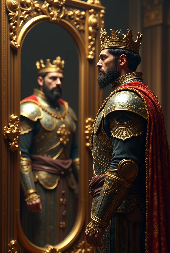 Image of a pawn who sees himself in a mirror and is a more realistic and beautiful king