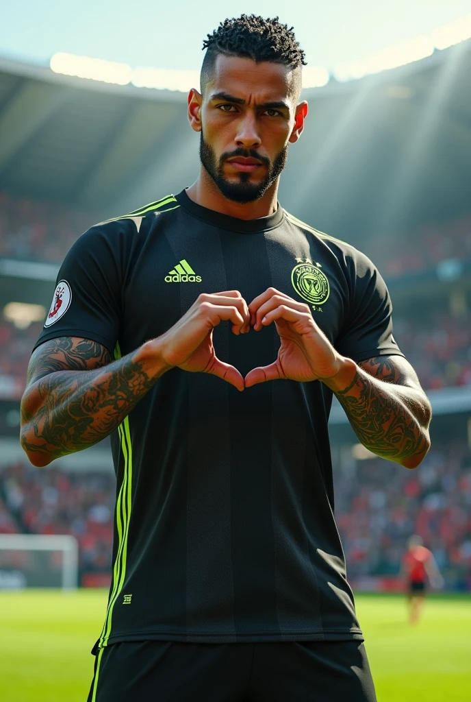 Young 2 sexy Rudo gangster with black hair shaved on the sides with braids brown eyes thick lips athletic body masculine energy and sexy defined chin trimmed beard colored tattoo marked biceps wears Homme in black color Muslim style is a PSG soccer player wears PSG sportswear fluorescent green Kike Mercury sneakers is in a stadium and makes the shape of a heart with his hands