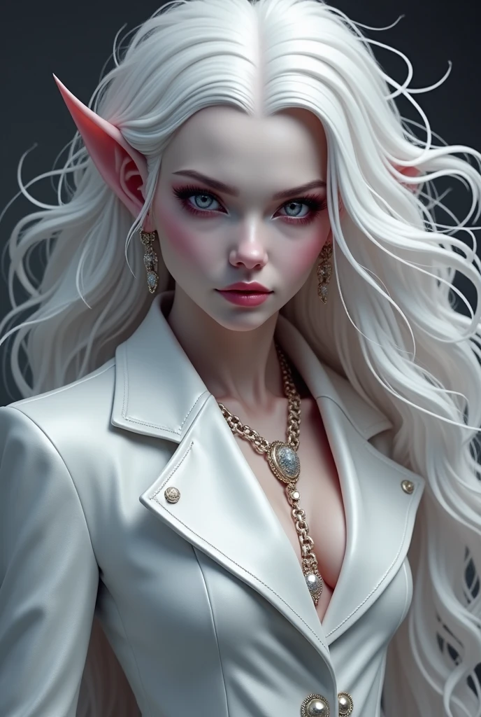 Crazy detailed photos of gorgeous vampire aliens, of a real, Long white hair, complicated eye roll, like a dream, Ethereal, ultra - detailed的, 32K resolution, Dynamic Lighting, Cover the navel, ultra - detailed, intricately details, Hot topics on artstation, white luxury suit, Volumetriclighting, BalenciagaStyle