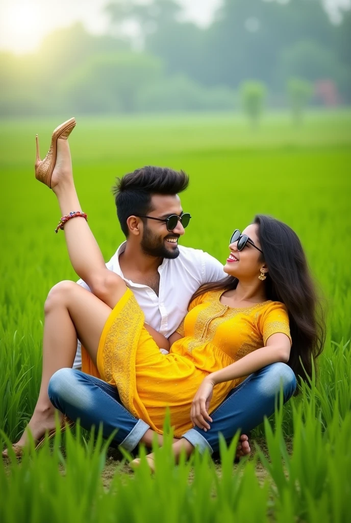 Cute indian boy is the girl front chest of a 16 year indian old girl from both wearing sunglasses, are playfully in a plants fiel paddy plants. The women, dressed in a vibrant yellow dress with intricate patterns, is lying on the man's lap while joyfully kicking one leg in the air, the wearing a white shirt and casually cuffed jeans, is smilling down at her as she holds her leg. The background reveals an expamsive field under plants fields, 34k ultra quality hd image