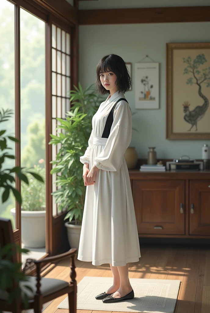 A Japanese woman in a lush clean house, wearing a white and dark maid outfit
