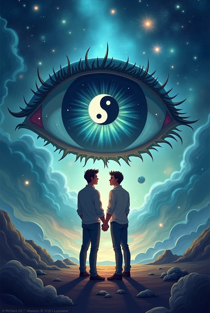 Create me a good book cover like the background is a some sort of the universe and in between or in any part, there is a big mysterious eye, and inside that eye, there is the symbol Yin Yang, and create a two men holding hands, and show that they are really In love Make it fantasy vibes and make it simple but artistic , emphasize the Yin Yang on the eye. Make it more cartoonish