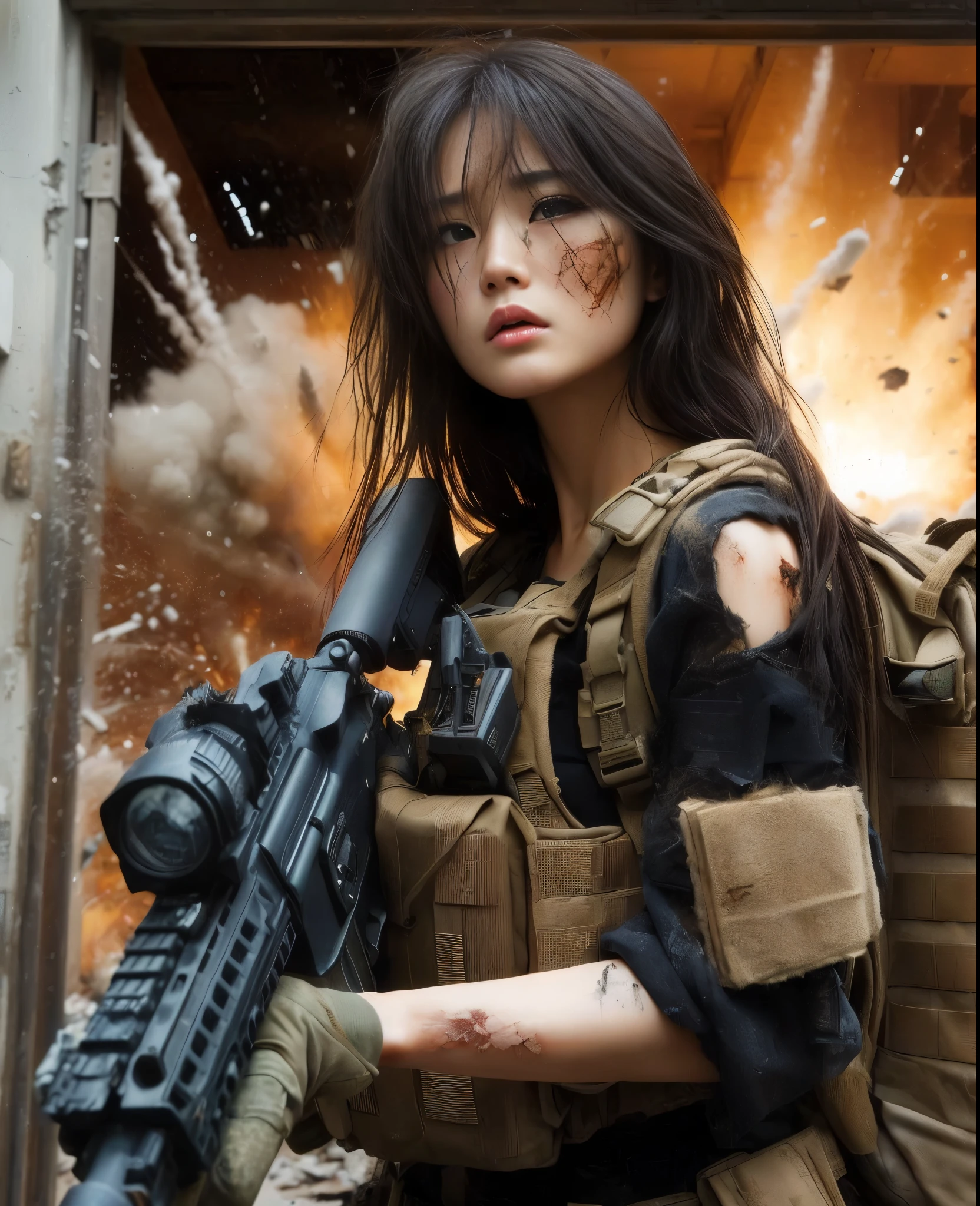 8K, realistic photo, realistic skin texture, Beautiful Japanese women in the US military、Outside the building、explosion、Close call、Walls bursting with debris、They are shouting to evacuate immediately.、Automatic rifle、Bulletproof vest、Back Back、boots、Covered in scars、Grim expression、Dynamic pose、Innovative composition、Dust is flying、傷だらけ