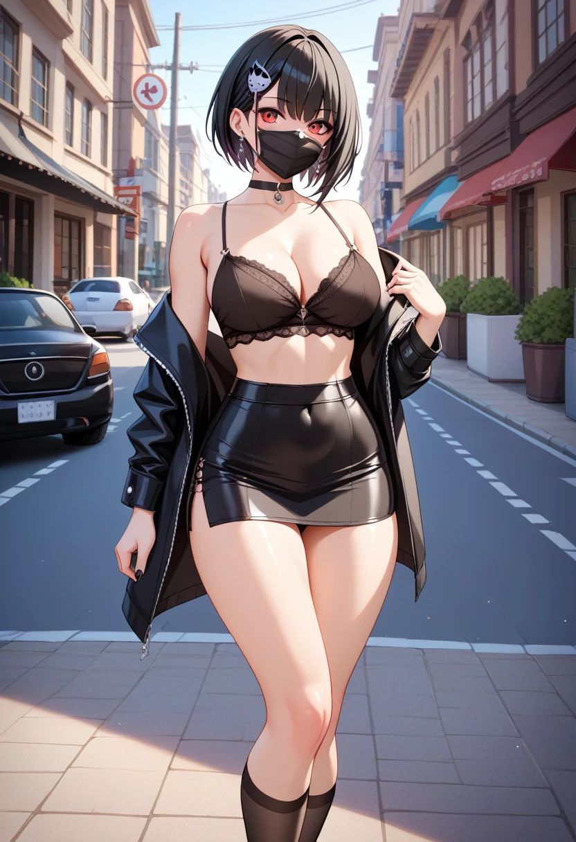 Gothic Punk、The inside color is red、Black-haired、hair ornaments、Beautiful girl、creative、Dark Fantasy Style、Goth Fashion,Tight mini skirt、Fine skin、Realistic textured hair、((Black Mask)),Whole Body Ezbian,19th century London streetscape, Complex clothing,