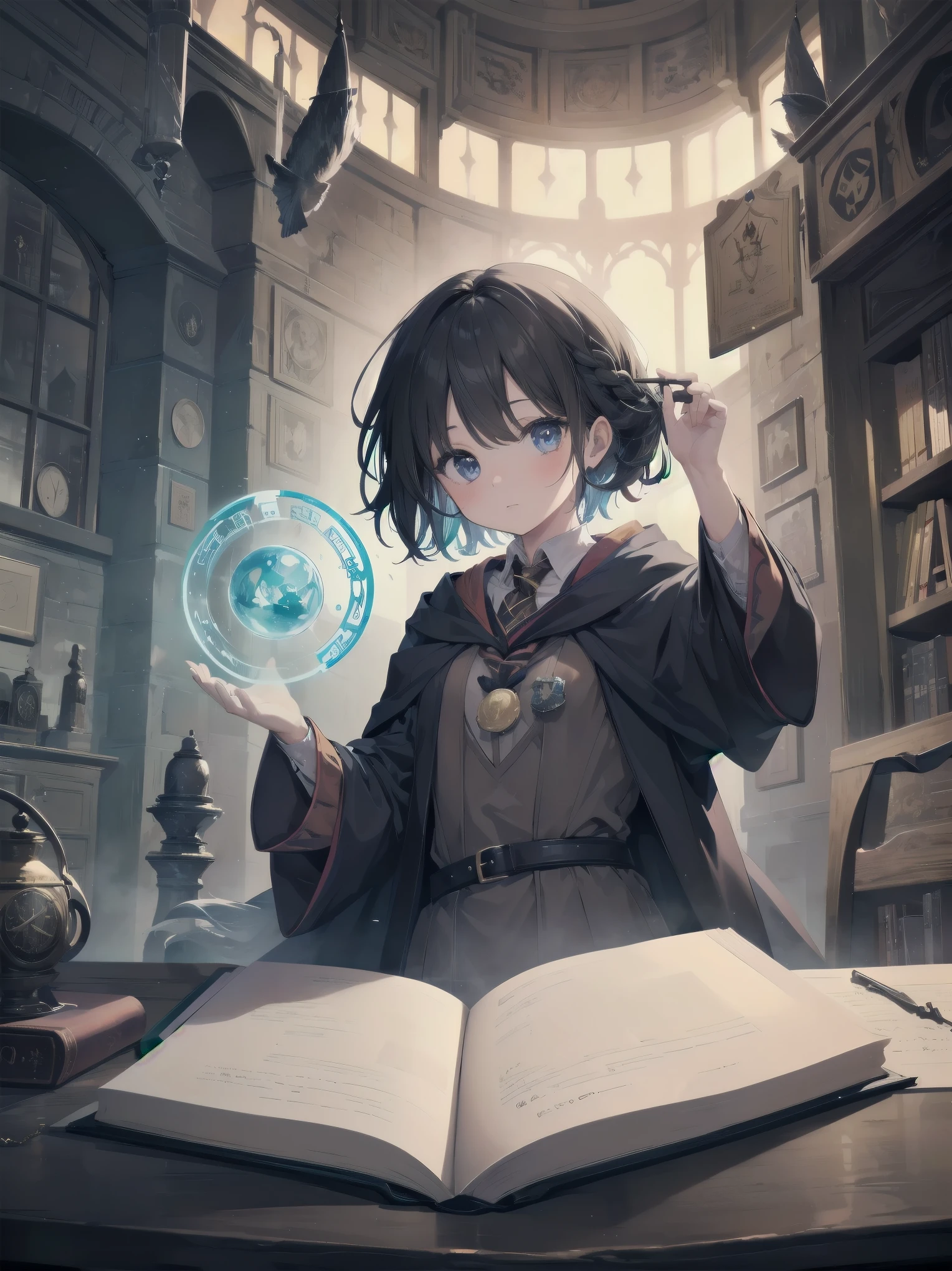 Masterpiece, Top Quality, Absurd, High Resolution, Subject Seismic, Animation Style Illustration with Mock Pause, 1 Girl, Solo, Cute random hairstyle, beautiful random expression and face, random age, slender, random clothing for situation,wizard robes, wand, magical castle, owl, spell book, (Hogwarts: 1.2), magic, wonder, (Harry Potter inspired: 1.3), mysterious atmosphere, details