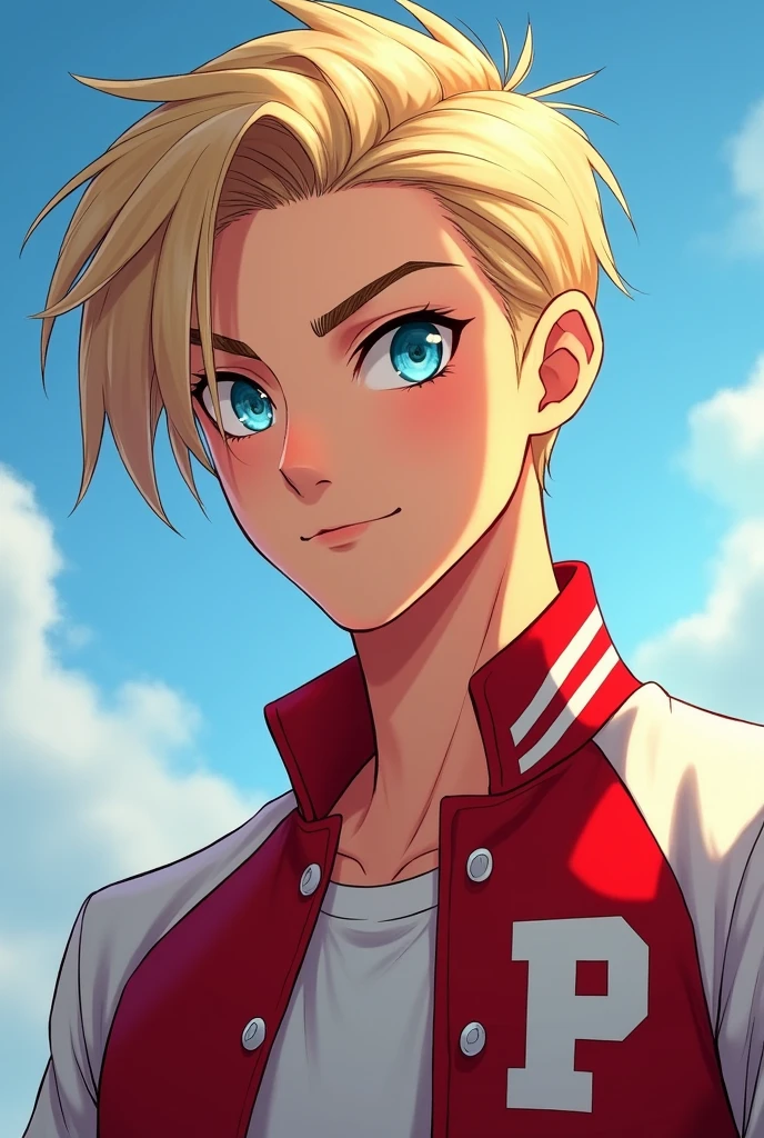 He is a teenager with an athletic male body, straight blond hair and a haircut swept to the side, which is a great charm for women., piercing gaze and the color of his blue eyes picina, and with impeccable posture and wears a uniform with red and white on the team jacket and an acronym of the school name is the letter P for team like the United States,  but he likes to run after those who don&#39;t want him!.  Show me in a more realistic way and in human form. With a half chad face.