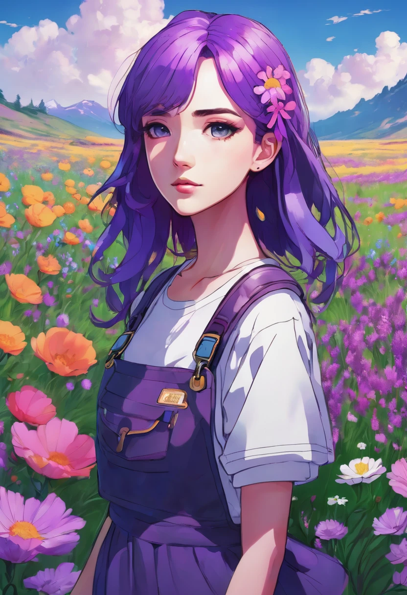 a girl with purple hair standing in a field of flowers, an anime drawing, inspired by loish, pixiv, discord profile picture, jojo anime style, | fine detail anime, beeple and jeremiah ketner