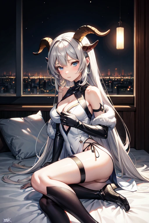 Anime girl with long ashen hair and colorful eyes in a winter lounge., Girl with ashen hair, 1K anime style, anime art wallpaper 2k, anime art wallpaper 2k, anime art wallpaper 2k, beautiful animated portrait, beautiful anime girl, 2k anime wallpaper, anime girl portrait, beautiful anime woman, shy girl, goat horns, beautiful city view