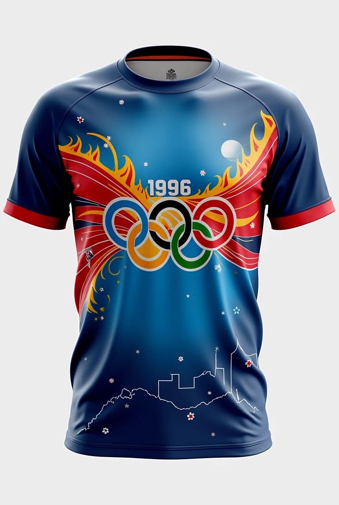 Make a sports shirt with the Atlanta Olympics theme with lots of details 

