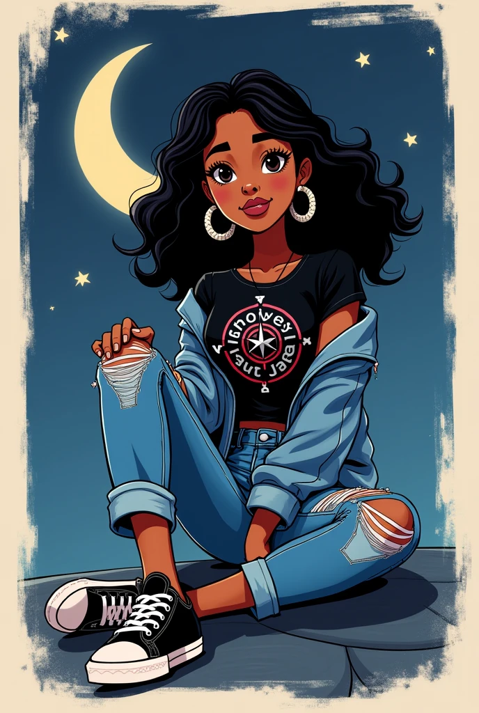 create a Disney Pixar princess Jasmine with dark skin and curly shoulder length hair wearing a black t-shirt with a white and red compass design and a denim jacket with writing "stay" in ripped jeans and black sneakers,in a place with a dark blue sky,with the crescent moon and stars around it sitting in a drawing shape 