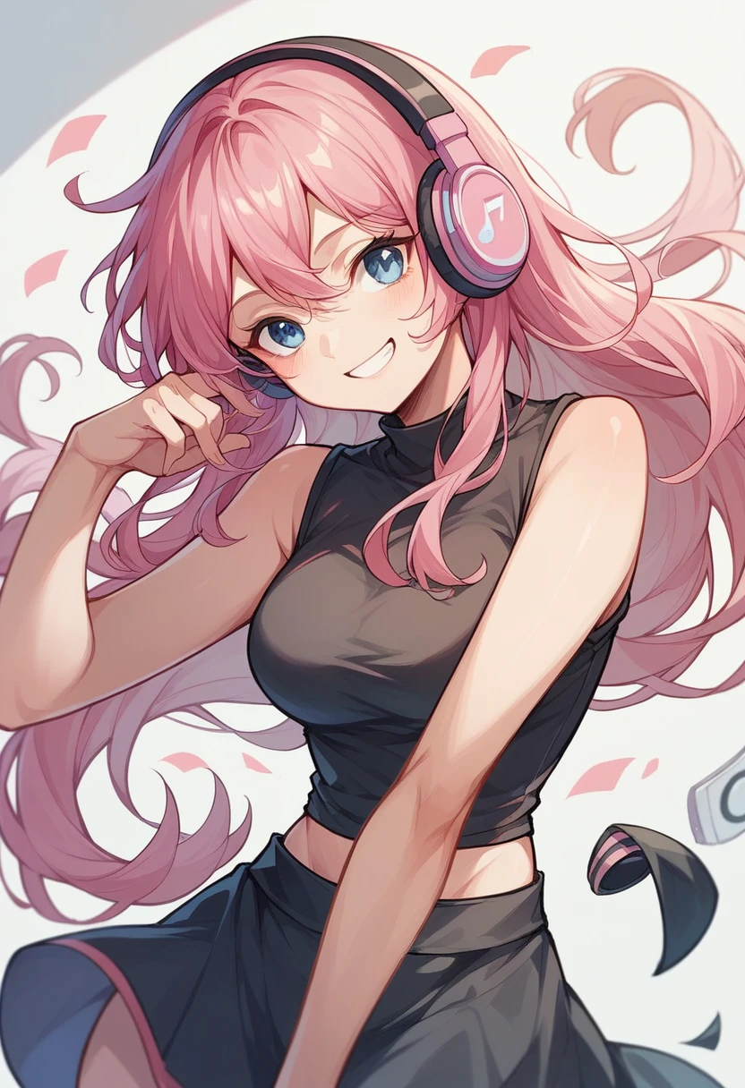 Pink Hair、Long Hair、Blue Eyes、Smiling、Black sleeveless top、Wrap skirt、Wearing headphones