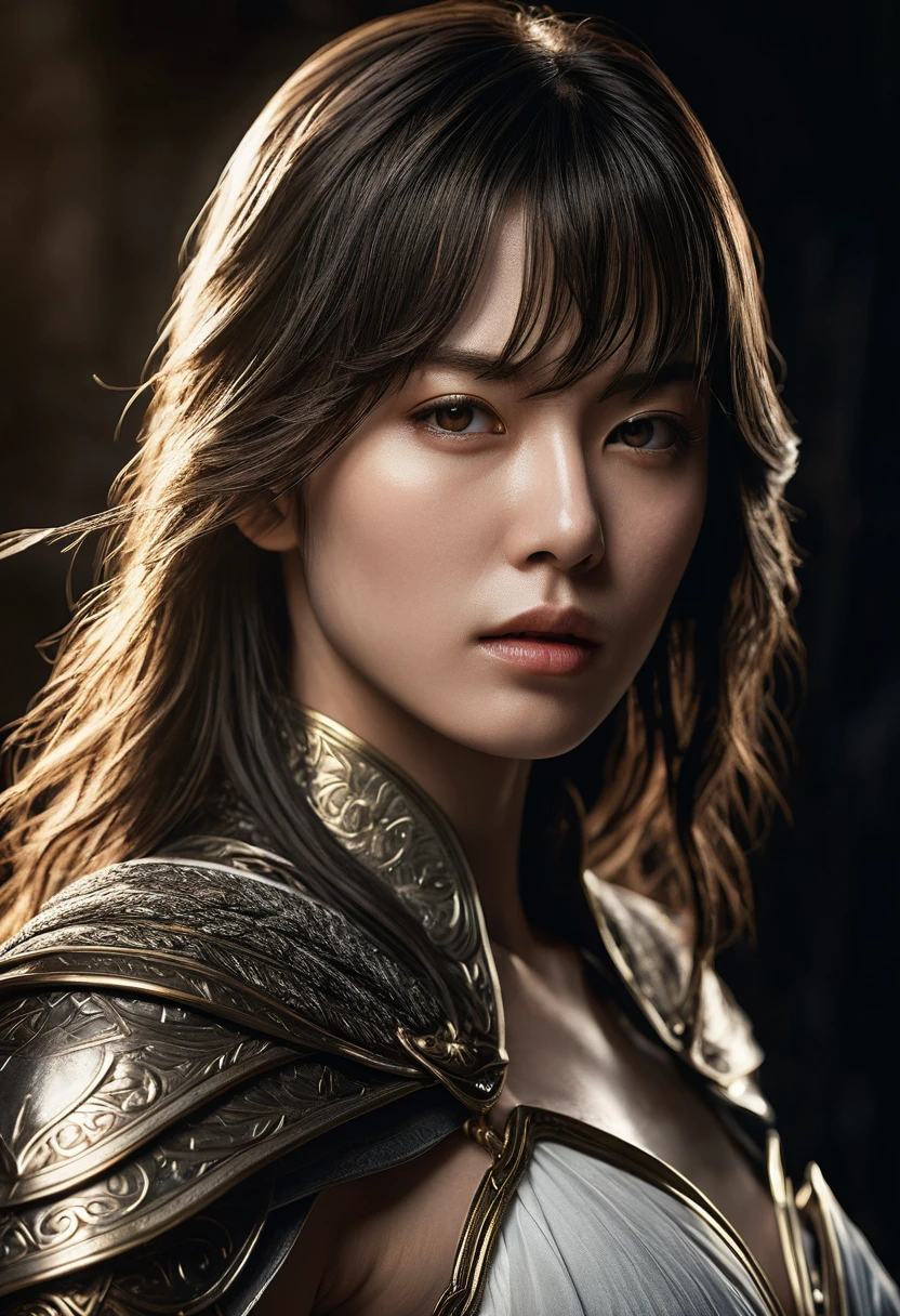 genius idol Akechi, long hair, black hair, subtle makeup, golden hour, photorealistic, high contrast, 8k HD, detailed, hyper-detailed, realistic skin texture, tiny breast, best quality, ultra high res, raw photo, dramatic lighting, unreal engine, diffuse glow intricate silver eaba, white imperial cape, arm, hand, spear, (((She grabbed her (sword)))), no helm, intricate details High Quality, 8k, Realistic, Ultra-Detailed, Dramatic Lighting, Soft Focus, Digital Illustration, Intense Expression, Strong Gaze, Intense Emotion, Complex Mechanics, Advanced Technology, Dark Background, Cinematic, High Contrast, Moody, Strict, Atmosphere, (Best Quality, 4k, 8k, High Definition, Masterpiece: 1. 2 ), ultra-detailed, (realistic, graphic, photorealistic:1.37) --no glass