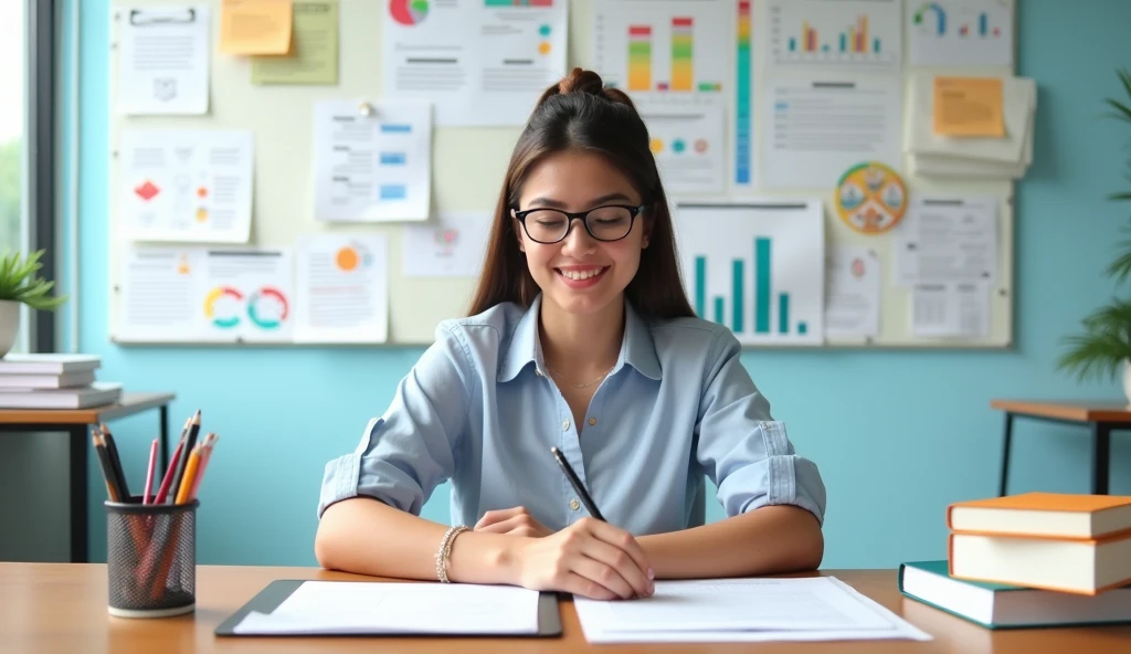 Create a cover image for a YouTube channel with the title 'How to Pass a Public Exam with These Strategies'. The image must be professional and attractive, with the following characteristics:
Background: Use a background that evokes an academic or study environment, like a study table or a whiteboard with charts and notes.
main image: Include a centered image of a person studying or a picture of a student with study materials., like books or a computer. Additional Elements: Include icons or graphics related to studies and competitions, as diplomas, progress charts or calendars.