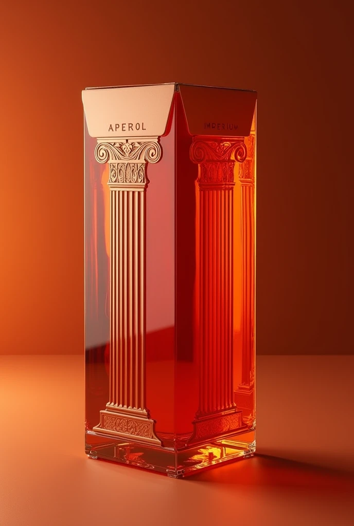 give me a glass beverage box packaging with column relief and inspired by the written Roman Empire " Aperol imperium"