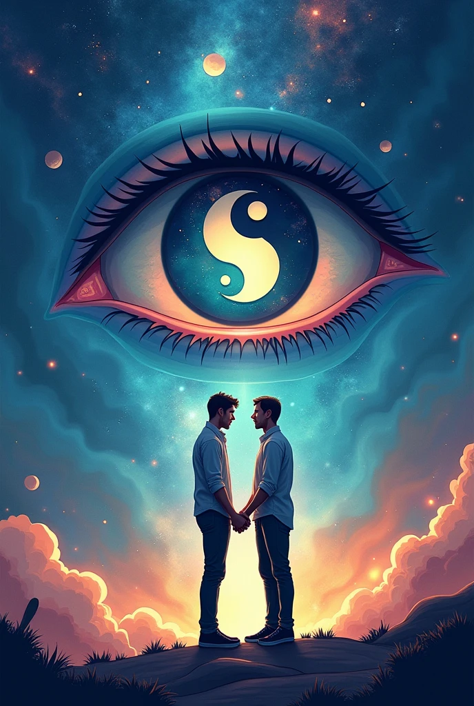 Create me a good book cover like the background is a some sort of the universe and in between or in any part, there is a big mysterious eye, and inside that eye, there is the symbol Yin Yang, and create a two men holding hands, and show that they are really In love Make it fantasy vibes and make it simple but artistic , emphasize the Yin Yang on the eye. Make it more cartoonish 